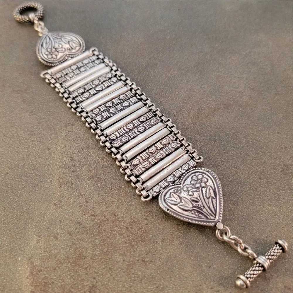 Artisan Sterling Rajasthani Wide Decorative Heart Flower Embossed Link Bracelet